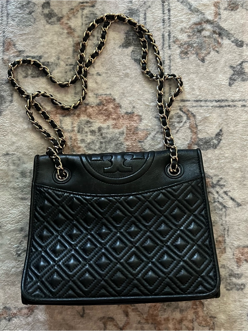 Tory Burch Black Quilted Leather Shoulder Bag Medium Fleming